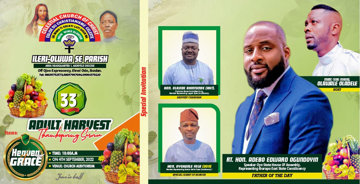 Oyo Speaker, Ogundoyin, AKT, Fola Oyekunle, Other Dignitaries To Grace 33rd CCC Ileri Oluwa Adult Harvest Thanksgiving Service